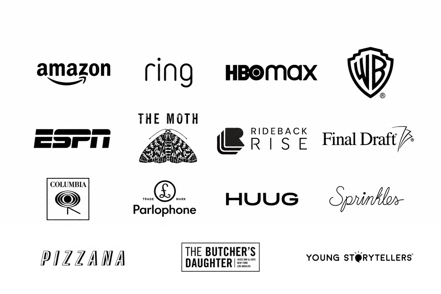 Selected clients: Amazon, Ring, HBO Max, Warner Bros., ESPN, The Moth, Rideback Rise, Final Draft, Columbia Records, Parlophone Records, HUUG, Sprinkles, Pizzana, The Butcher's Daughter, Young Storytellers